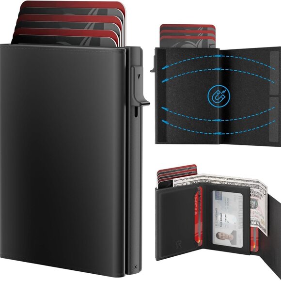 Luxurious Slim Men's Wallet - RFID Blocking, Pop-Up Card Holder in Black Leather - Picture 1 of 9